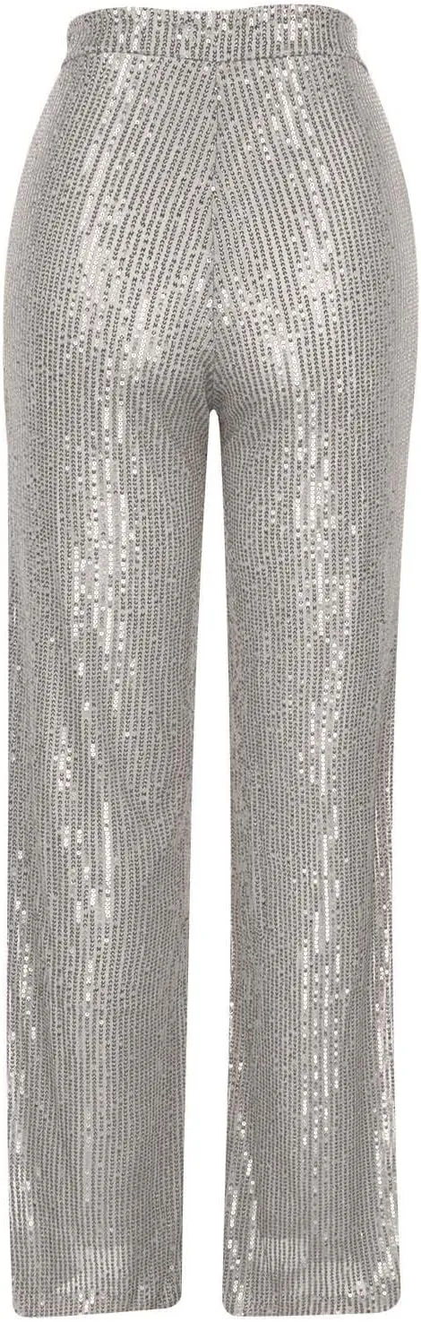 Womens Sequin Pants High Waist Wide Leg Pants Sequin Fashion Trousers Bling Bell Bottom Baggy Pants Party Night Club