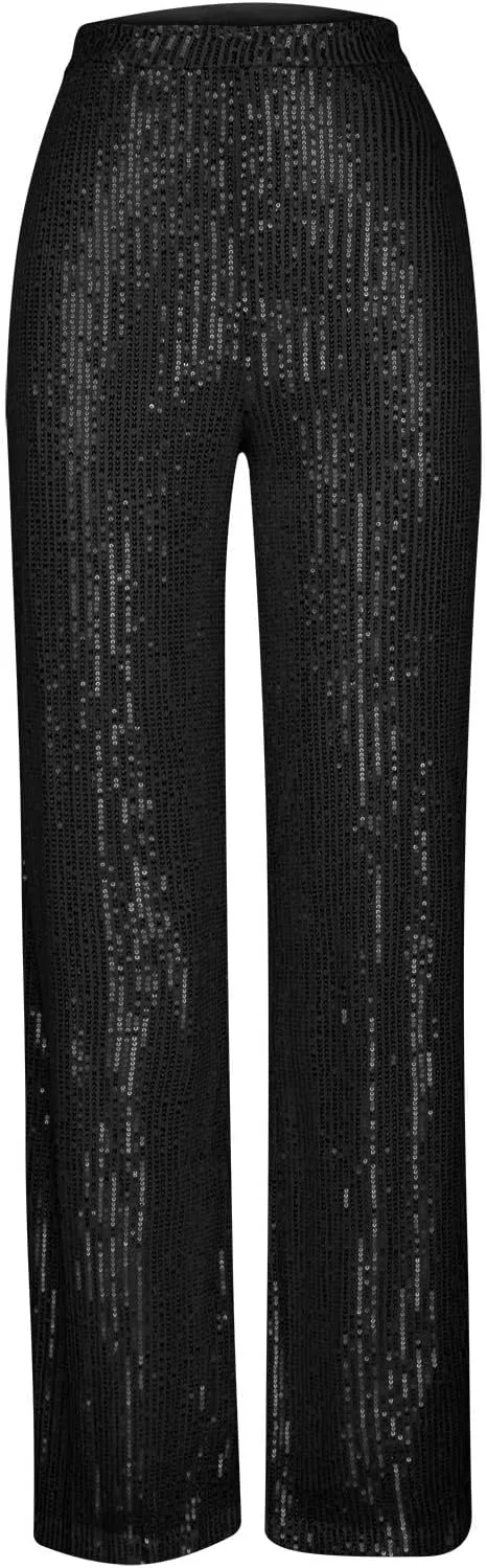 Womens Sequin Pants High Waist Wide Leg Pants Sequin Fashion Trousers Bling Bell Bottom Baggy Pants Party Night Club