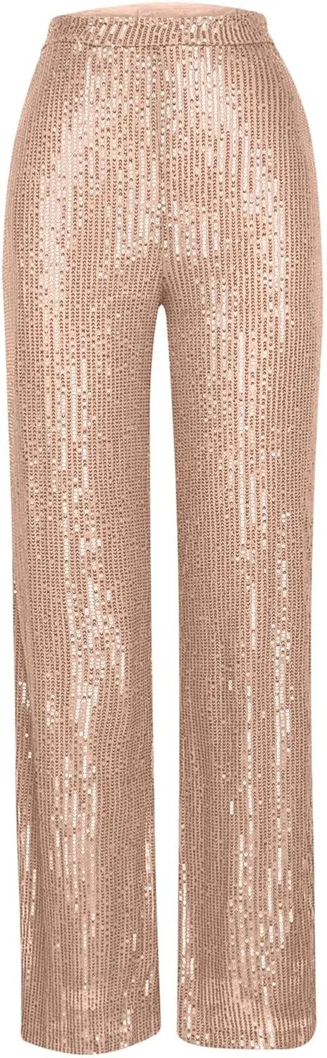 Womens Sequin Pants High Waist Wide Leg Pants Sequin Fashion Trousers Bling Bell Bottom Baggy Pants Party Night Club