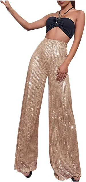 Womens Sequin Pants High Waist Wide Leg Pants Sequin Fashion Trousers Bling Bell Bottom Baggy Pants Party Night Club