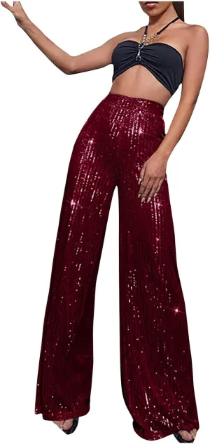 Womens Sequin Pants High Waist Wide Leg Pants Sequin Fashion Trousers Bling Bell Bottom Baggy Pants Party Night Club