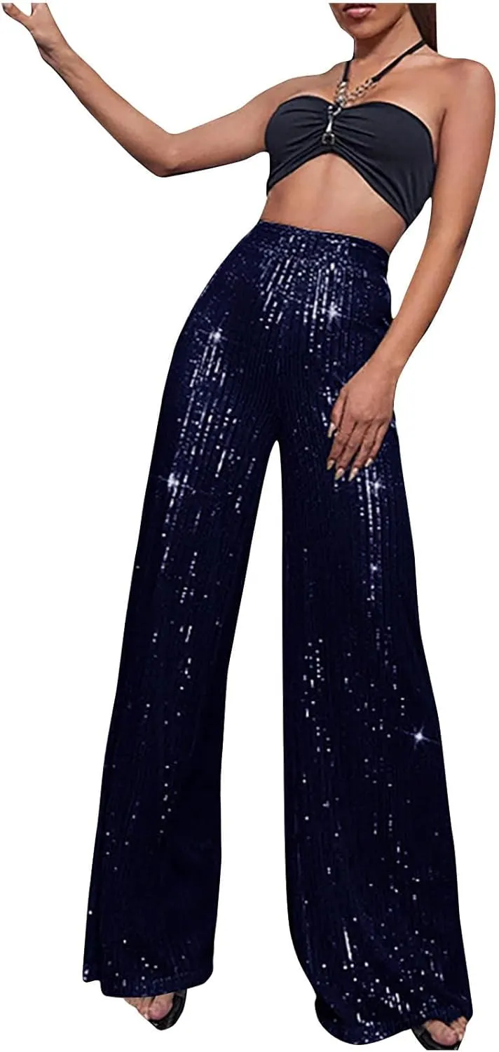 Womens Sequin Pants High Waist Wide Leg Pants Sequin Fashion Trousers Bling Bell Bottom Baggy Pants Party Night Club
