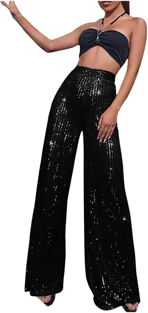 Womens Sequin Pants High Waist Wide Leg Pants Sequin Fashion Trousers Bling Bell Bottom Baggy Pants Party Night Club