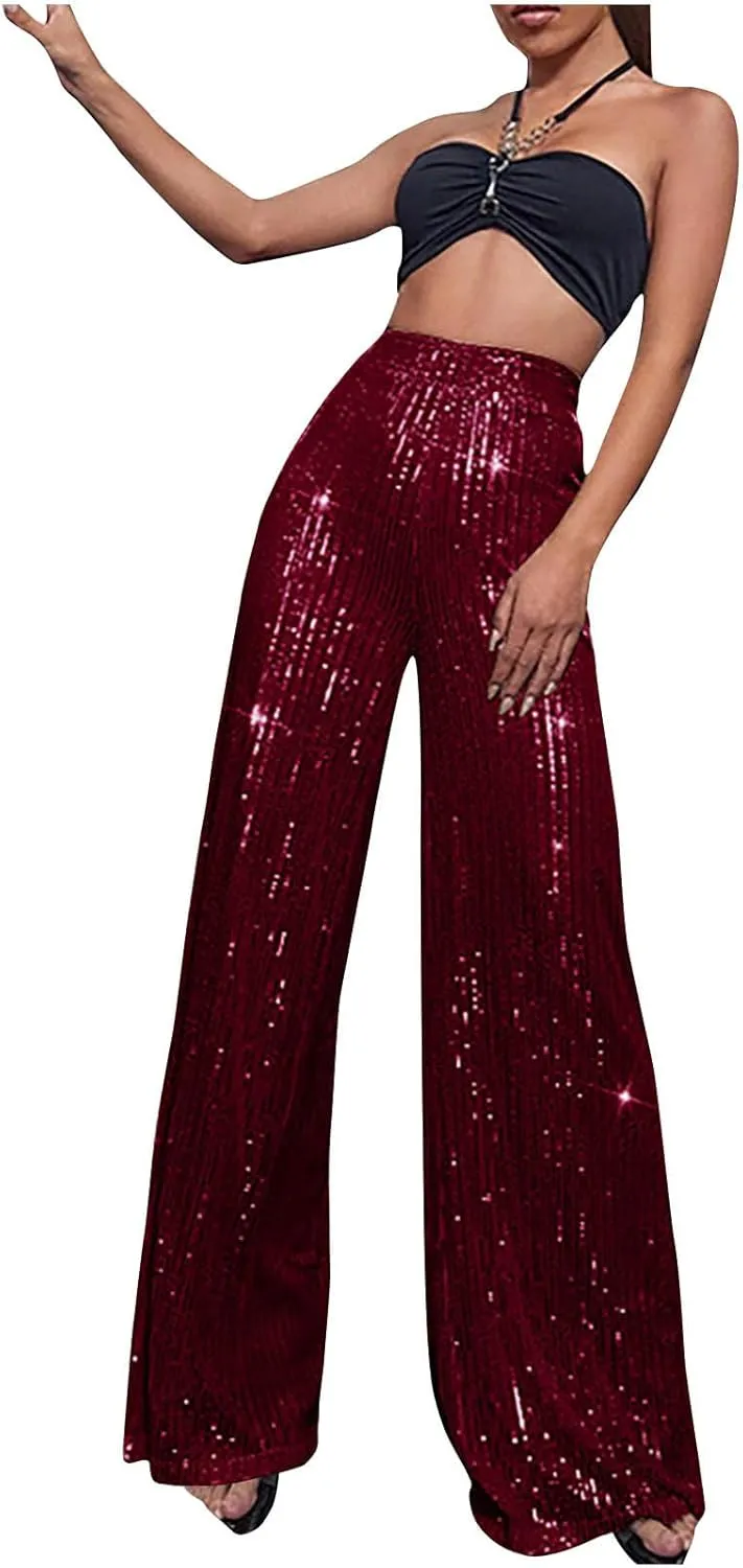Womens Sequin Pants High Waist Wide Leg Pants Sequin Fashion Trousers Bling Bell Bottom Baggy Pants Party Night Club