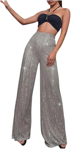 Womens Sequin Pants High Waist Wide Leg Pants Sequin Fashion Trousers Bling Bell Bottom Baggy Pants Party Night Club