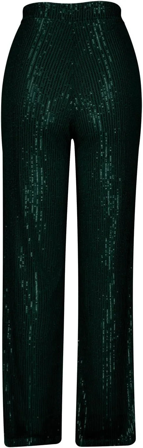 Womens Sequin Pants High Waist Wide Leg Pants Sequin Fashion Trousers Bling Bell Bottom Baggy Pants Party Night Club