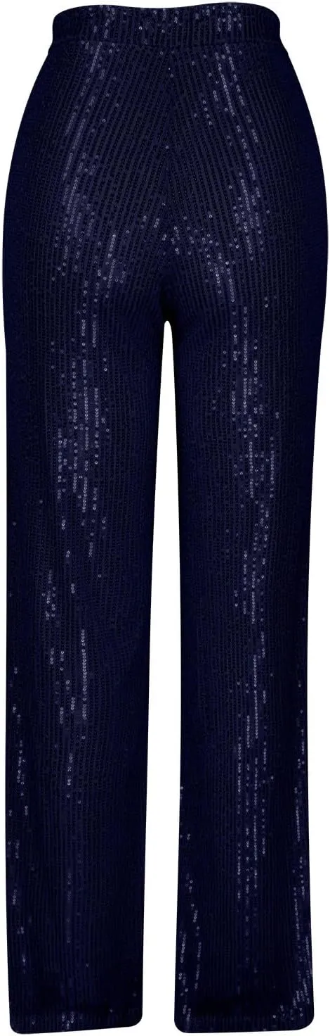Womens Sequin Pants High Waist Wide Leg Pants Sequin Fashion Trousers Bling Bell Bottom Baggy Pants Party Night Club