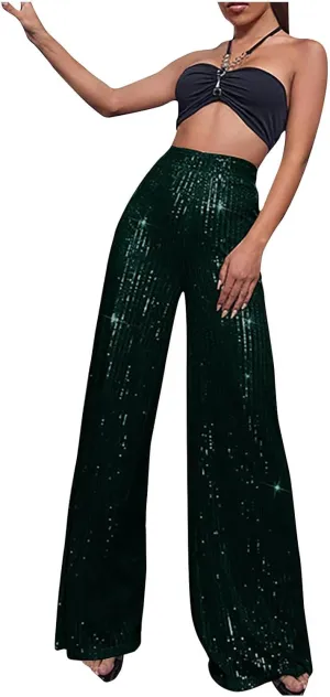 Womens Sequin Pants High Waist Wide Leg Pants Sequin Fashion Trousers Bling Bell Bottom Baggy Pants Party Night Club