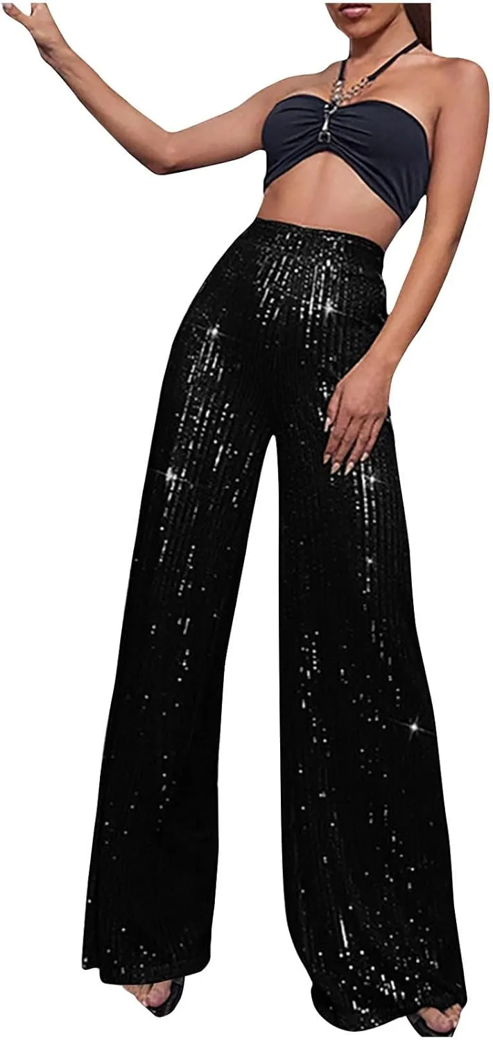 Womens Sequin Pants High Waist Wide Leg Pants Sequin Fashion Trousers Bling Bell Bottom Baggy Pants Party Night Club