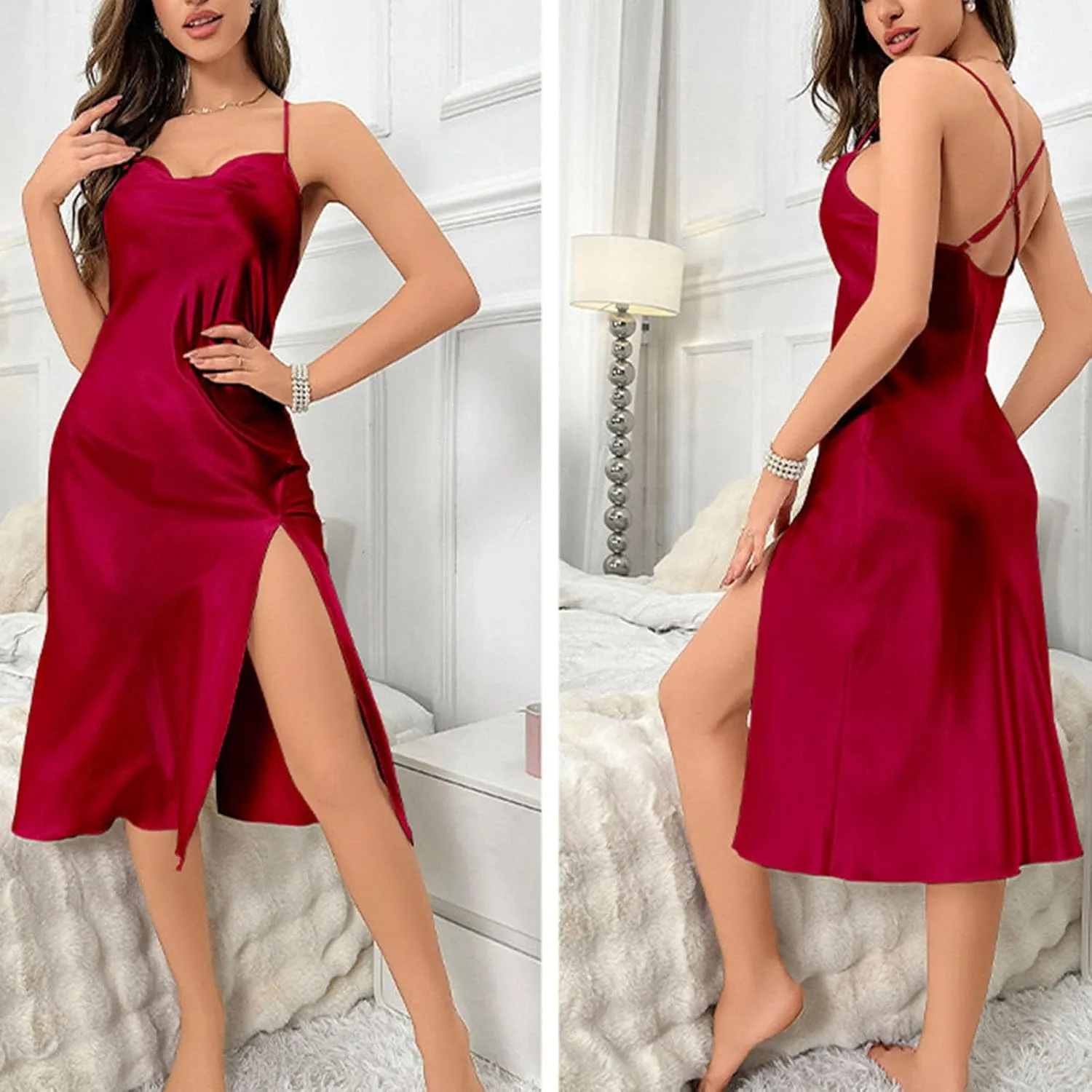 Women's Sexy Thigh High Slit Jammies Square Neck Satin Spaghetti Strap Midi Nightdress Soft Solid Evening Party Dress