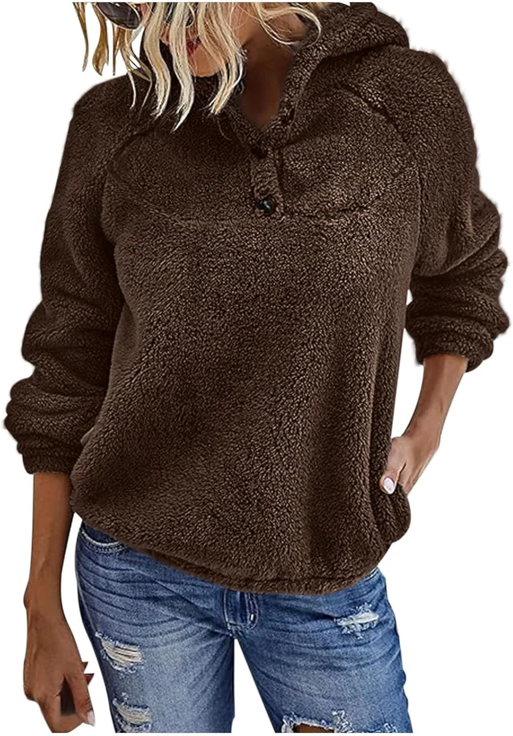 Womens Sherpa Fuzzy Pullover Hoodies Comfy Oversized Sweatshirts With Pockets Button Down Fuzzy Warm Sweaters Tops