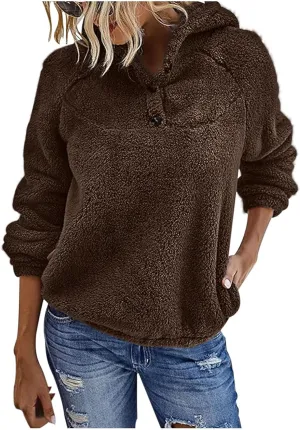 Womens Sherpa Fuzzy Pullover Hoodies Comfy Oversized Sweatshirts With Pockets Button Down Fuzzy Warm Sweaters Tops