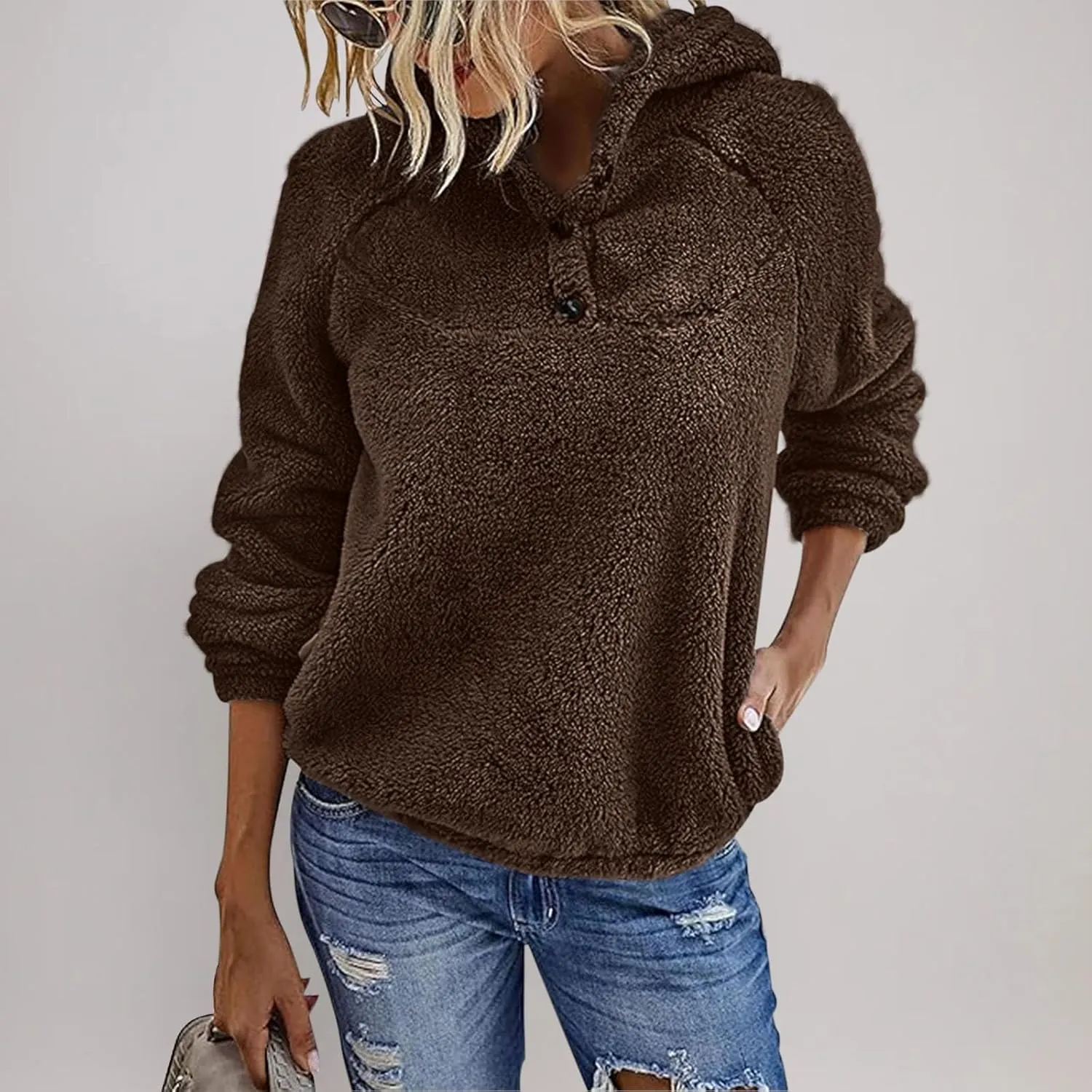 Womens Sherpa Fuzzy Pullover Hoodies Comfy Oversized Sweatshirts With Pockets Button Down Fuzzy Warm Sweaters Tops