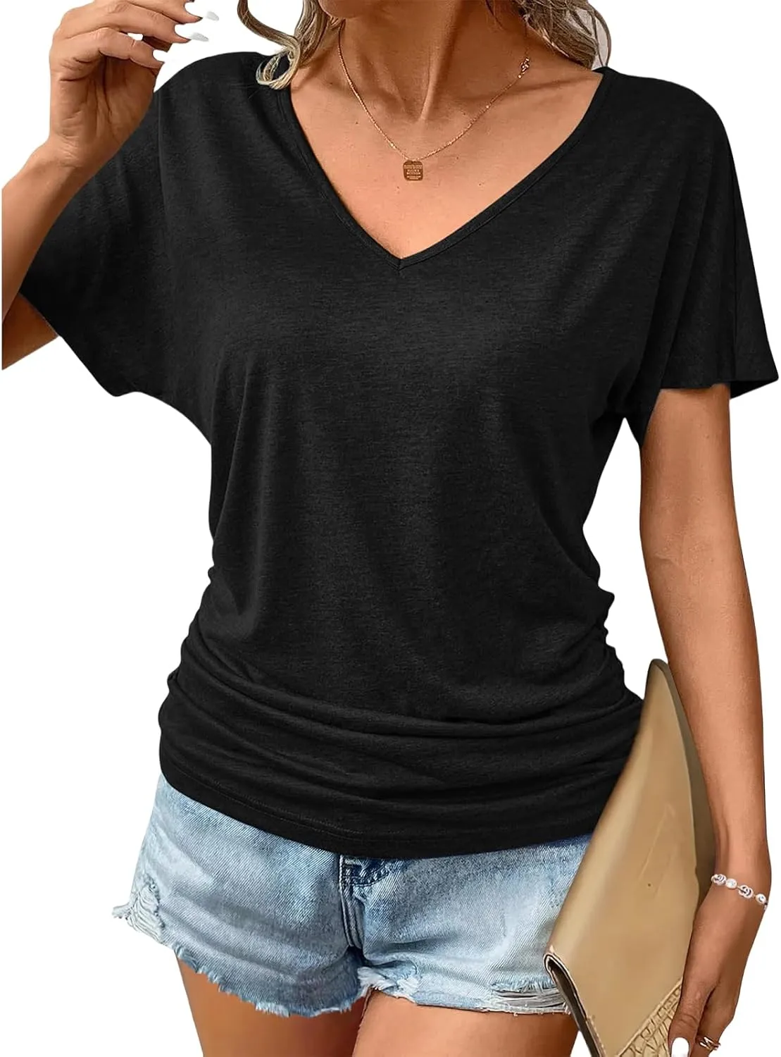Women's Short Sleeve Shirts V Neck Ruched Tops Business Casual Top Summer Shirt Loose fit tee Solid Basic Clothes