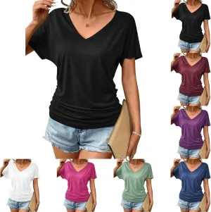 Women's Short Sleeve Shirts V Neck Ruched Tops Business Casual Top Summer Shirt Loose fit tee Solid Basic Clothes