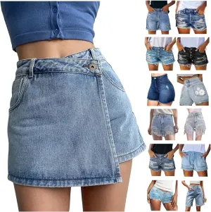 Womens Split Hem High Waist Denim Skorts Skirt Shorts Button Ripped Jeans Shorts Fringed Distressed Denim Mini Shorts