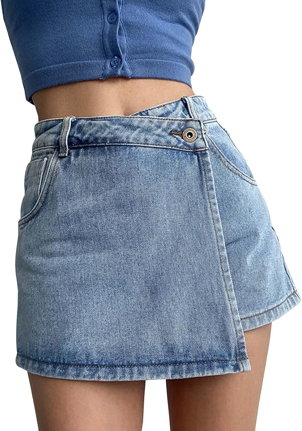 Womens Split Hem High Waist Denim Skorts Skirt Shorts Button Ripped Jeans Shorts Fringed Distressed Denim Mini Shorts