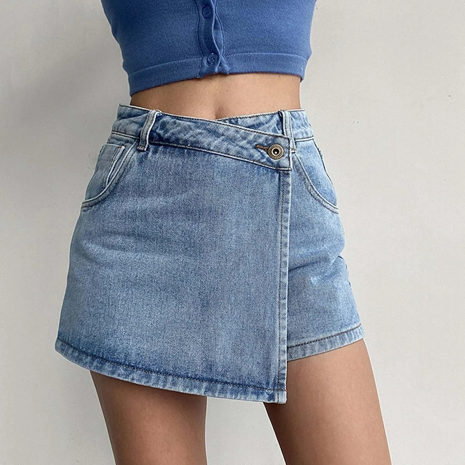 Womens Split Hem High Waist Denim Skorts Skirt Shorts Button Ripped Jeans Shorts Fringed Distressed Denim Mini Shorts