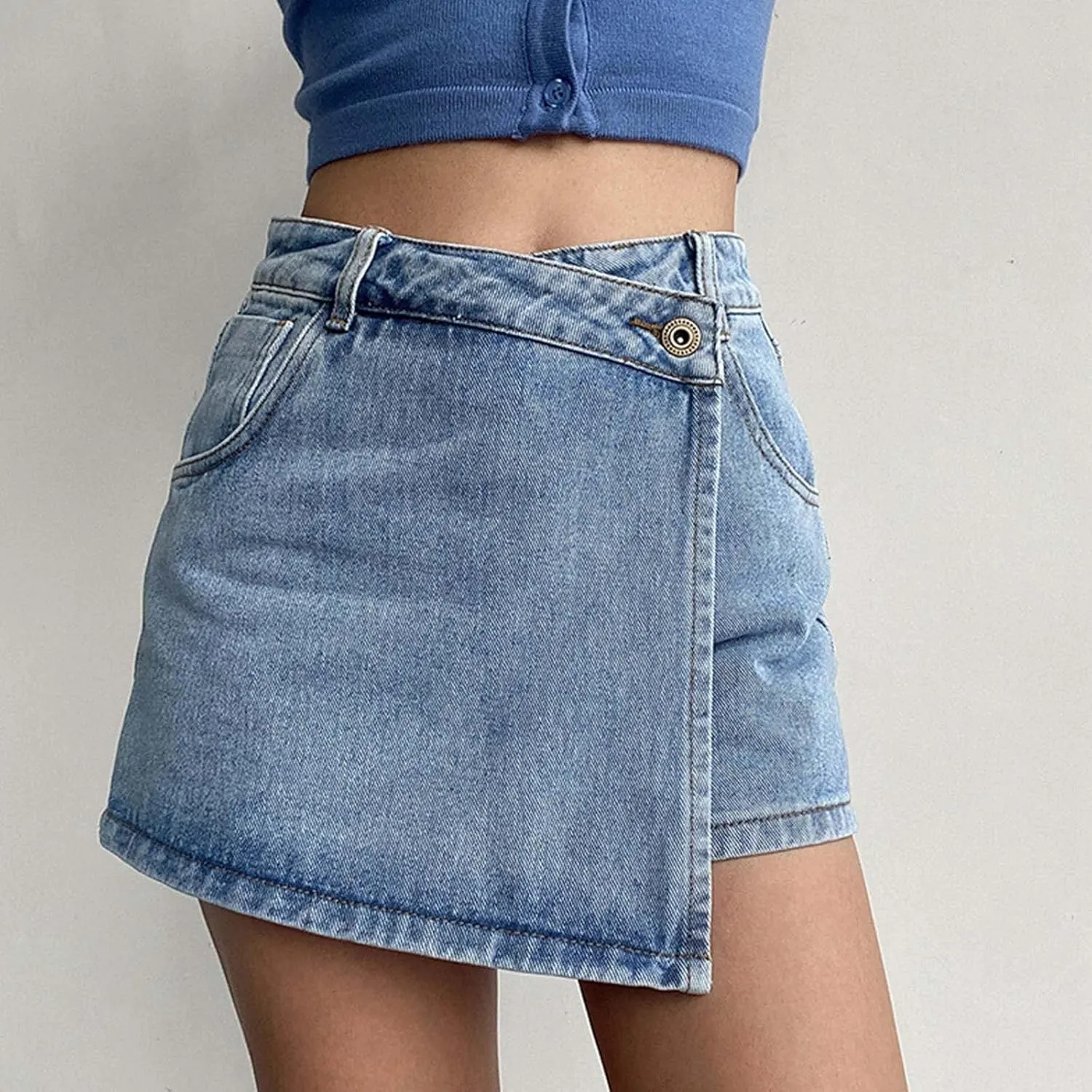 Womens Split Hem High Waist Denim Skorts Skirt Shorts Button Ripped Jeans Shorts Fringed Distressed Denim Mini Shorts