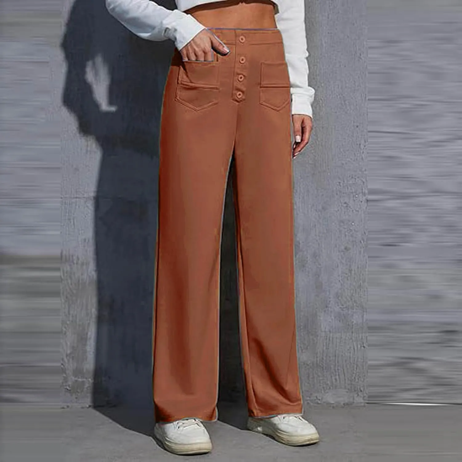 Women's Straight Leg Casual Pants High Waisted Stretchy Button Business Pants Work Comfy Baggy Trousers with Pockets