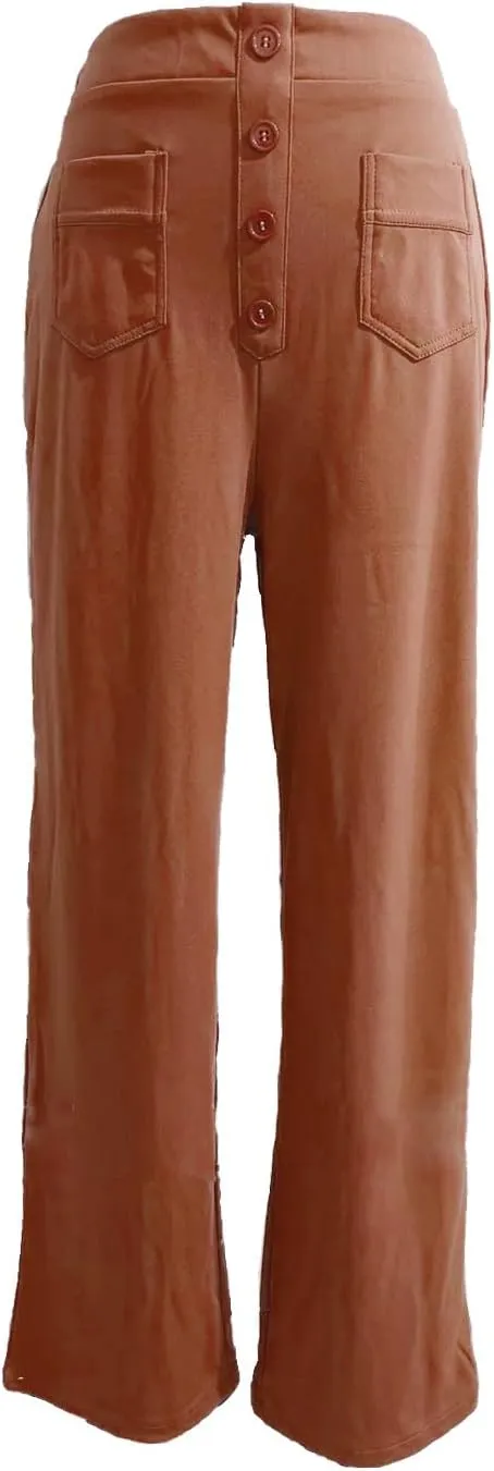 Women's Straight Leg Casual Pants High Waisted Stretchy Button Business Pants Work Comfy Baggy Trousers with Pockets