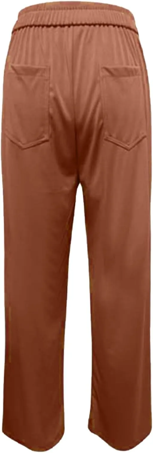 Women's Straight Leg Casual Pants High Waisted Stretchy Button Business Pants Work Comfy Baggy Trousers with Pockets