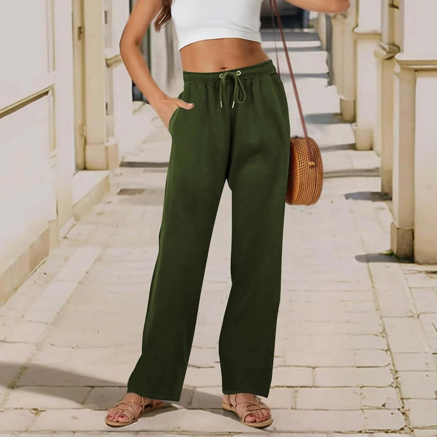 Women's Straight Long Pants Sports Fitness Loose Pants Solid Color Casual Trousers High Waist Trousers with Pocket