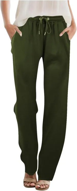Women's Straight Long Pants Sports Fitness Loose Pants Solid Color Casual Trousers High Waist Trousers with Pocket