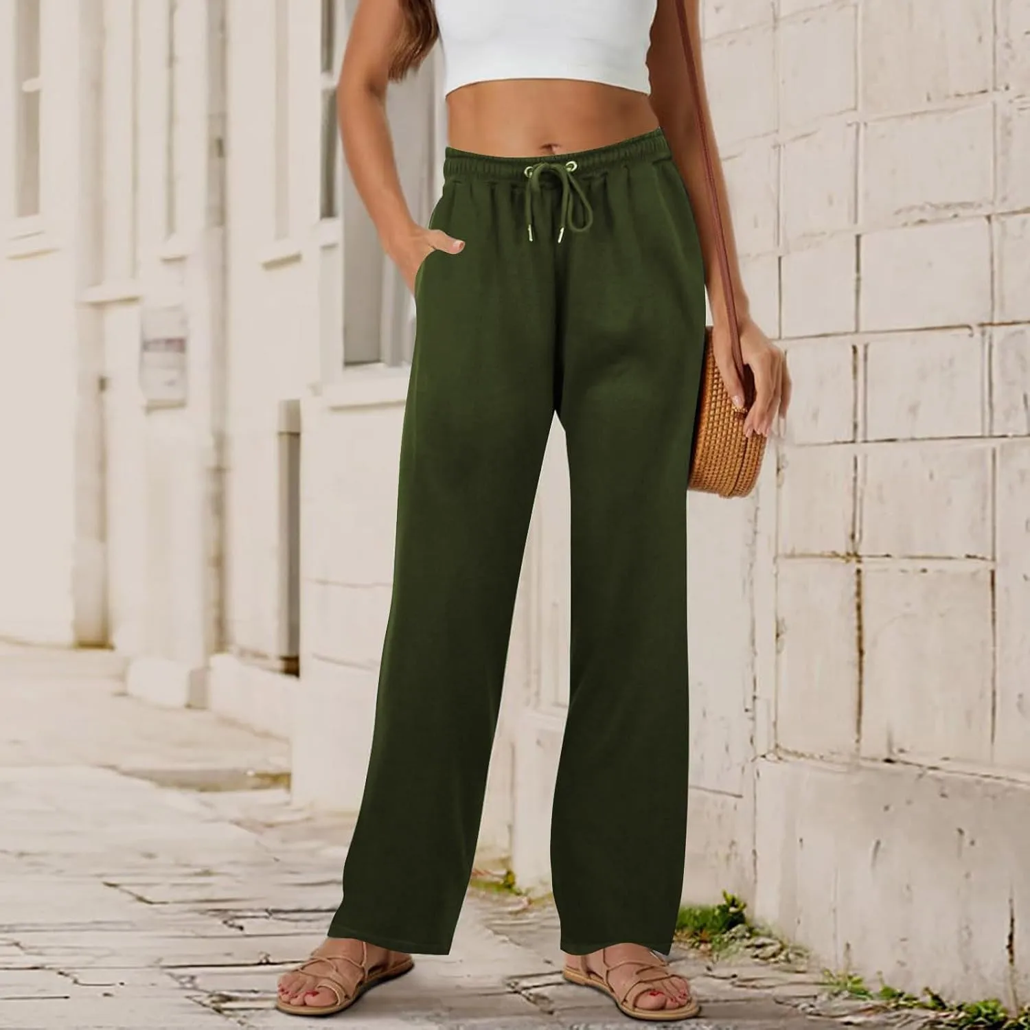 Women's Straight Long Pants Sports Fitness Loose Pants Solid Color Casual Trousers High Waist Trousers with Pocket