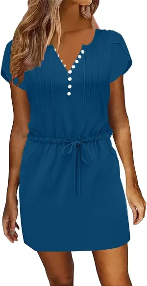 Womens Summer Casual Dresses Short Sleeve Striped Dress Boho Beach Vacation Tie Drawstring Waist Sun Dresses with Pockets