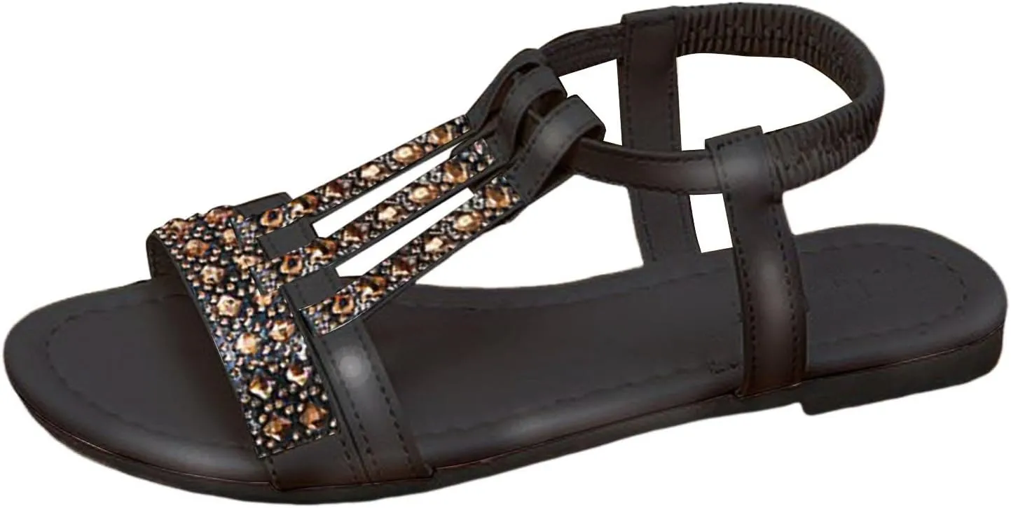 Women's Summer Casual Fashion Flat Sandals Elastic With Broken Diamond Decorative Cutout Wedge Lace up Sandals for Women