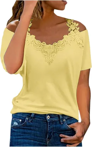 Womens Summer Cold Shoulder Tops Sexy Lace Crochet Strappy T Shirts V Neck Plus Size Tunic Casual Off Shoulder Blouse