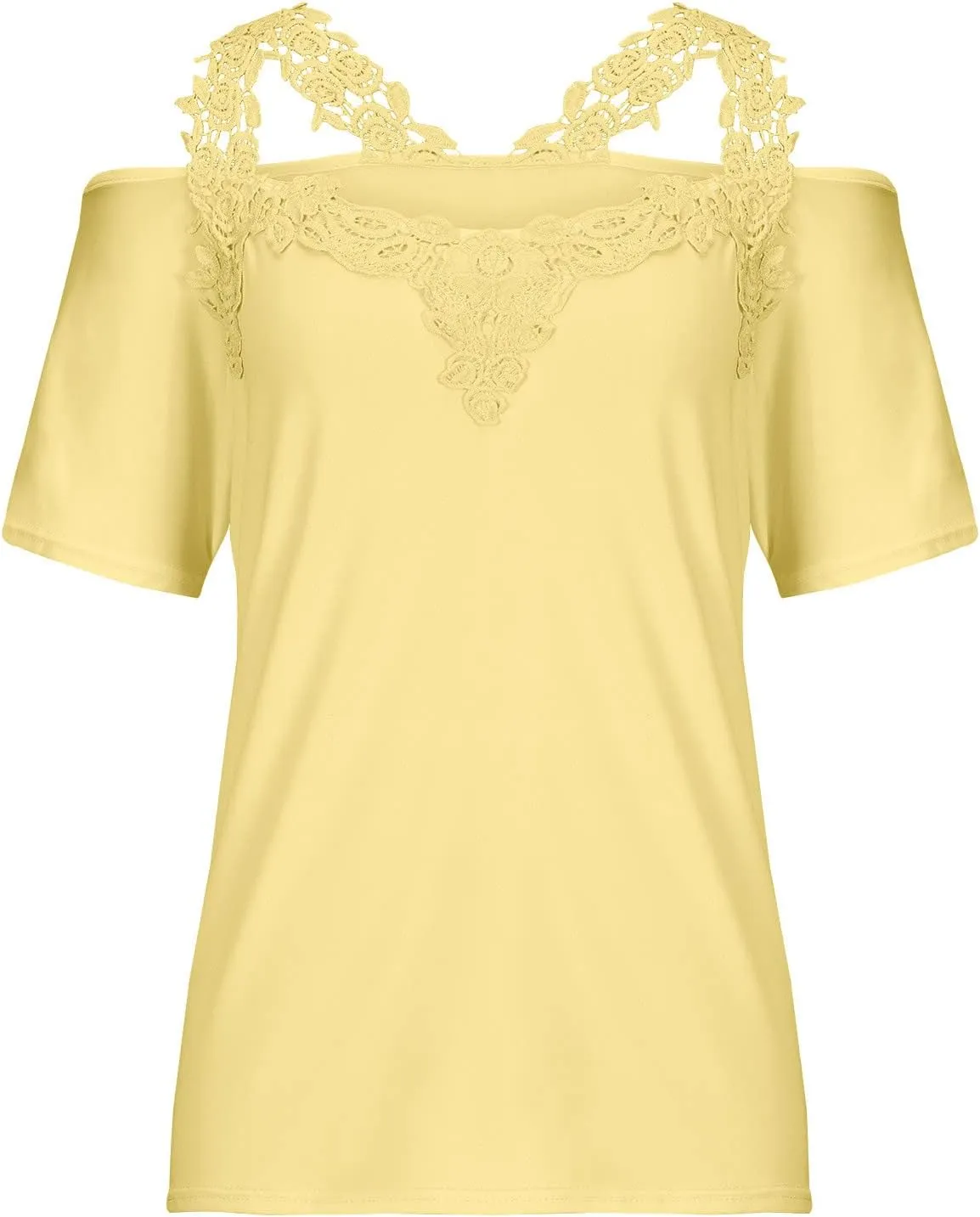 Womens Summer Cold Shoulder Tops Sexy Lace Crochet Strappy T Shirts V Neck Plus Size Tunic Casual Off Shoulder Blouse