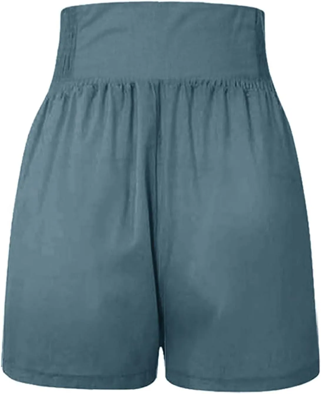 Womens Summer Cotton Linen Beach Shorts Smocked High Waist Loose Fit Casual Shorts Solid Cute Mini Shorts with Pockets