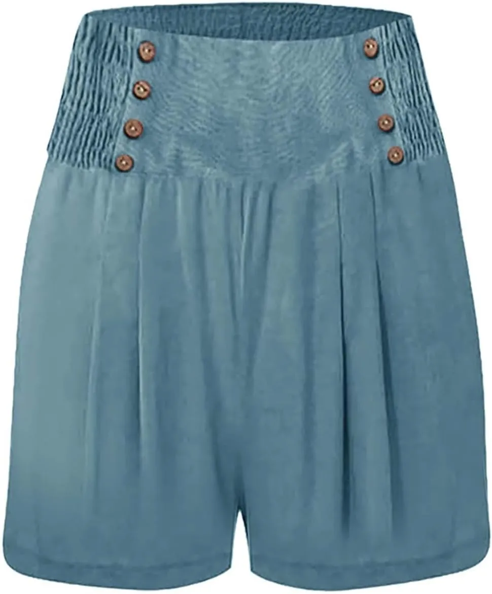 Womens Summer Cotton Linen Beach Shorts Smocked High Waist Loose Fit Casual Shorts Solid Cute Mini Shorts with Pockets