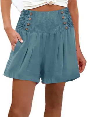 Womens Summer Cotton Linen Beach Shorts Smocked High Waist Loose Fit Casual Shorts Solid Cute Mini Shorts with Pockets