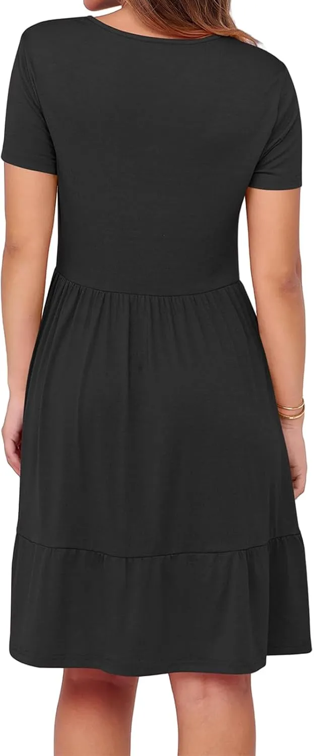 Womens Summer Dresses Casual Square Neck Short Sleeve A Line Midi Dress Loose Fit Tunic Ruffle Hem Beach Sundress