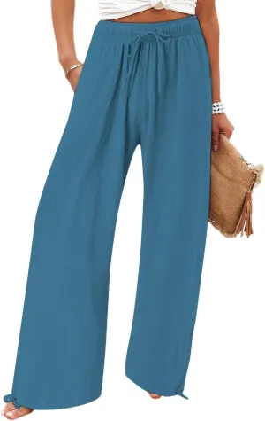 Women's Summer High Waisted Cotton Linen Palazzo Pants Wide Leg Long Lounge Pocked Pants Baggy Drawstring Trousers
