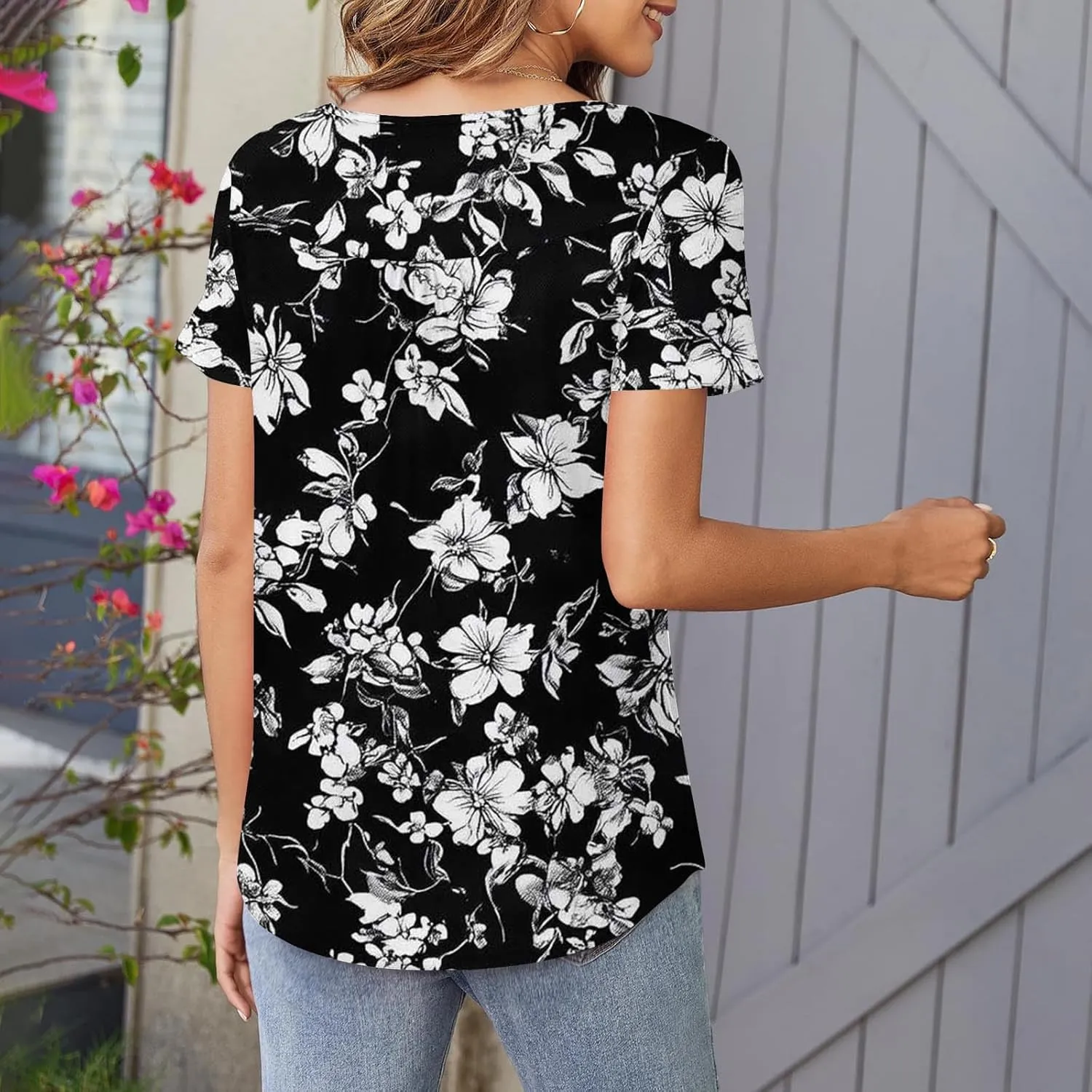 Womens Summer Tops 2025 Trendy Boho Floral Tunic Shirts Short Sleeve Button V Neck Tshirt Dressy Casual Loose Blouses