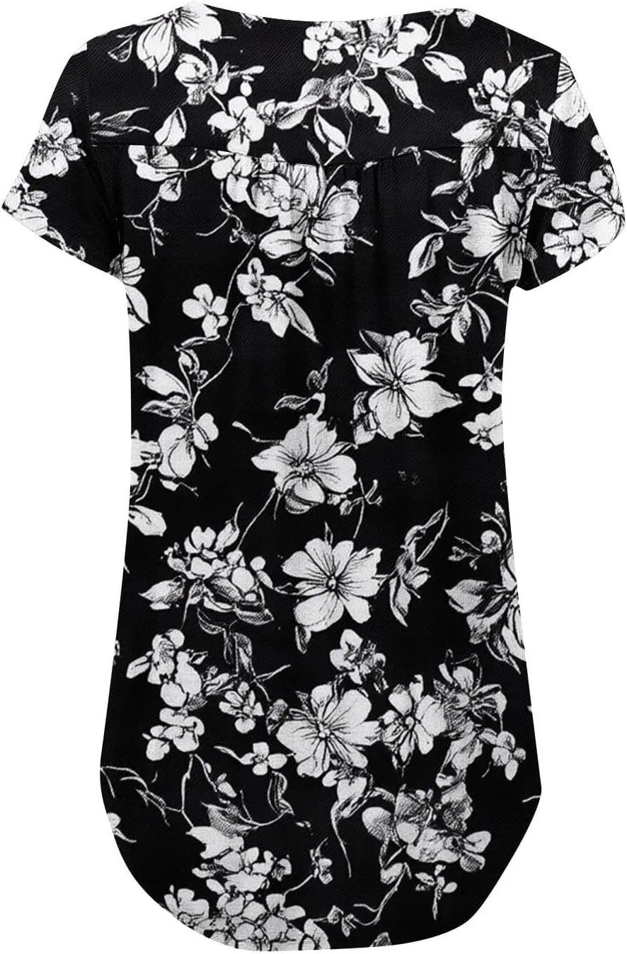 Womens Summer Tops 2025 Trendy Boho Floral Tunic Shirts Short Sleeve Button V Neck Tshirt Dressy Casual Loose Blouses