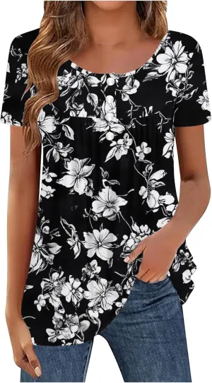 Womens Summer Tops 2025 Trendy Boho Floral Tunic Shirts Short Sleeve Button V Neck Tshirt Dressy Casual Loose Blouses