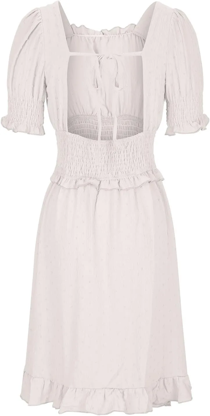 Women's Swiss Dot Babydoll Dresses Puff Sleeve Square Neck A-Line Dresses Cute Elastic Waist Ruffle Mini Short Dress