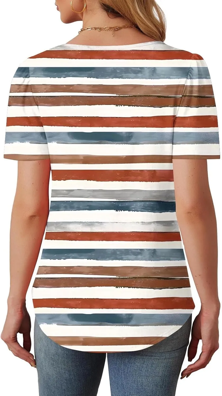 Womens T Shirts Short Sleeve Pleated Front Scooped Neck Tops Dressy Casual Blouses Spring Summer Cute Print Tees