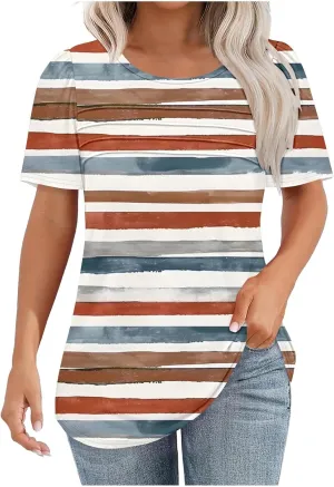 Womens T Shirts Short Sleeve Pleated Front Scooped Neck Tops Dressy Casual Blouses Spring Summer Cute Print Tees
