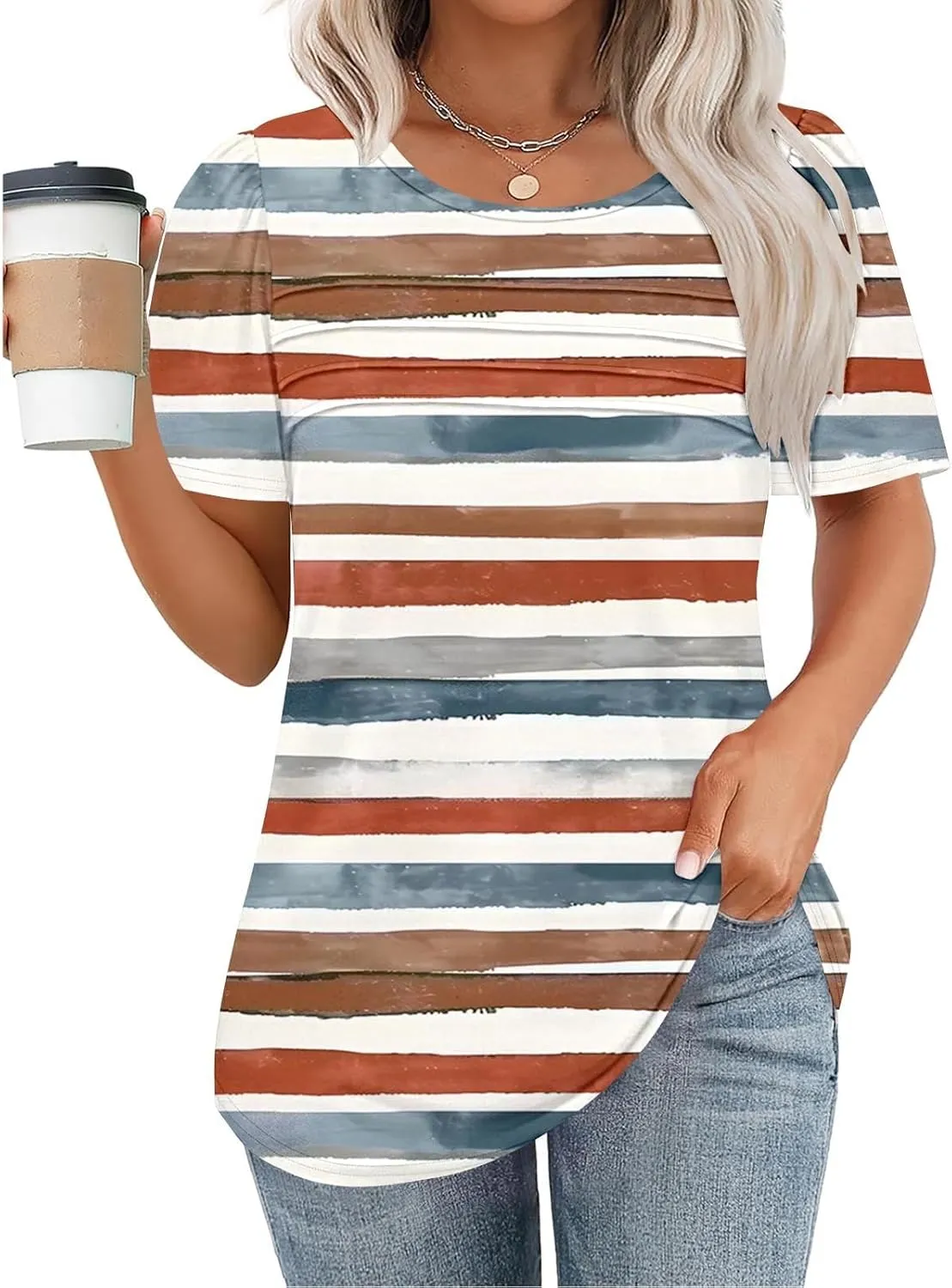 Womens T Shirts Short Sleeve Pleated Front Scooped Neck Tops Dressy Casual Blouses Spring Summer Cute Print Tees
