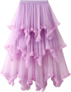 Women's Tulle Skirt,Tutu Skirt,A-Line Mesh Midi Skirtasymmetrical Pleated Elastic High Waist Layered St.