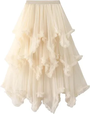 Women's Tulle Skirt,Tutu Skirt,A-Line Mesh Midi Skirtasymmetrical Pleated Elastic High Waist Layered St.