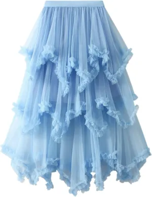 Women's Tulle Skirt,Tutu Skirt,A-Line Mesh Midi Skirtasymmetrical Pleated Elastic High Waist Layered St.