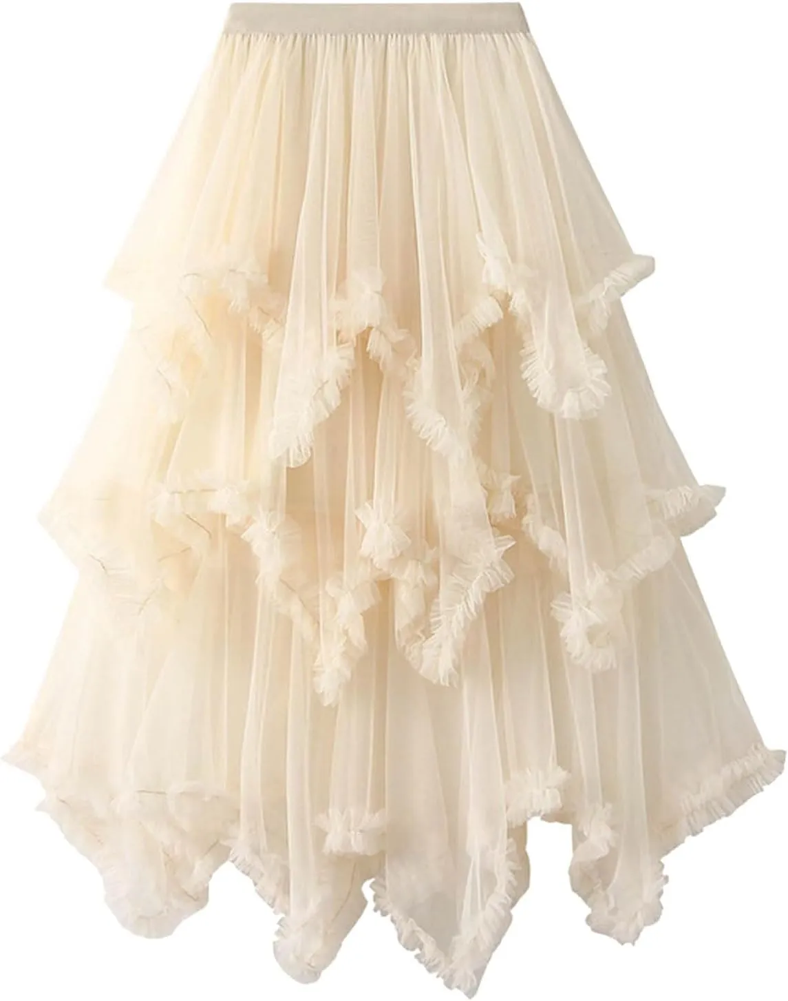 Women's Tulle Skirt,Tutu Skirt,A-Line Mesh Midi Skirtasymmetrical Pleated Elastic High Waist Layered St.