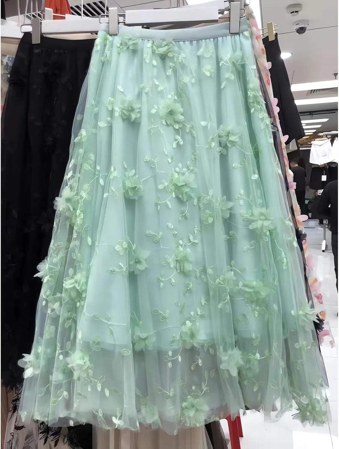 Women's Tutu Tulle Skirt Elastic High Waist Layered Midi Skirt Floral Lace Embroidery Mesh A-Line Skirt